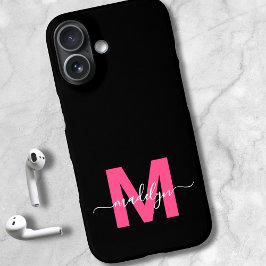 Pink Black Elegant Script Name Monogram iPhone 16ケース