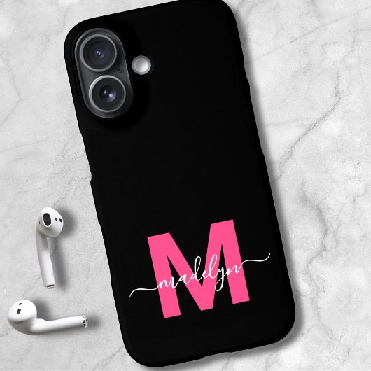 Pink Black Elegant Script Name Monogram Case-Mate iPhoneケース