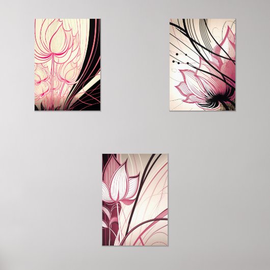 Pink & Black Floral Wall Art – Set of 3 Prints (正面)