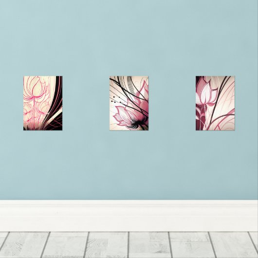 Pink & Black Floral Wall Art – Set of 3 Prints (ウッドフロア)
