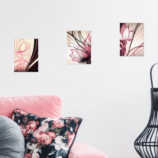 Pink & Black Floral Wall Art – Set of 3 Prints (リビング)