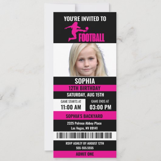 Pink Black Football Ticket Birthday Photo 招待状 (正面)