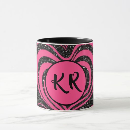 Pink Black Glam Abstract Heart Monogram Initials マグカップ (中央)