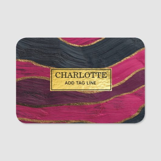 Pink Black Gold Abstract Luxury Magenta Marble 名札 (正面)