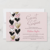 Pink Black Gold Heart Theme Sweet 16 Birthday 招待状 (正面)