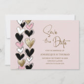 Pink Black Gold Hearts Wedding Save the Date セーブザデート (正面)