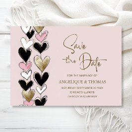 Pink Black Gold Hearts Wedding Save the Date セーブザデート