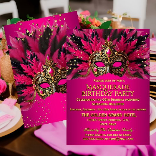 Pink Black Gold Masks Masquerade Birthday Party 招待状