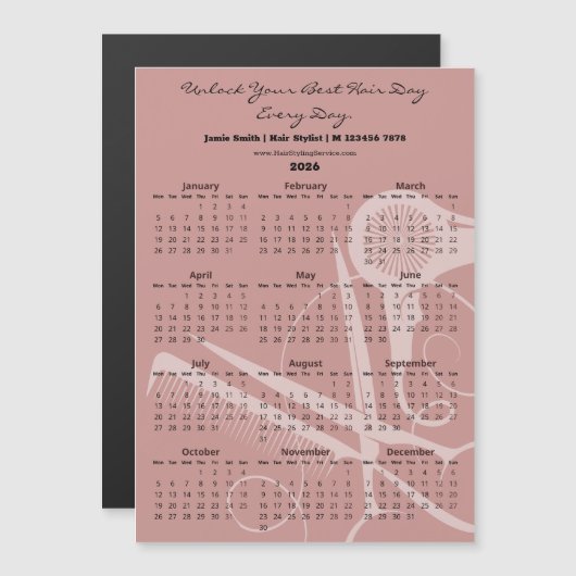 Pink Black Hair Stylist Tools 2026 Calendar Magnet (正面/裏面)