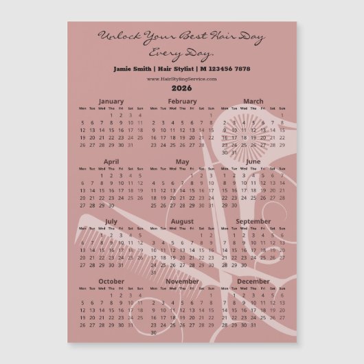 Pink Black Hair Stylist Tools 2026 Calendar Magnet (正面)