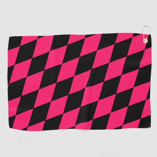 Pink Black Harlequin Diamonds Checkers Design ゴルフタオル (横)