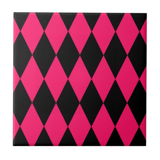 Pink Black Harlequin Diamonds Checkers Design  タイル (正面)