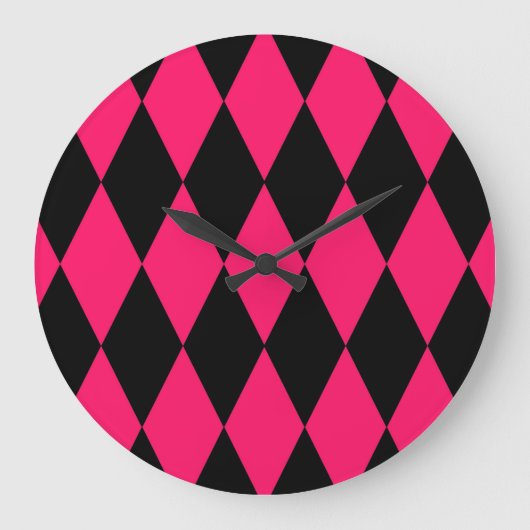 Pink Black Harlequin Diamonds Checkers Design  ラージ壁時計 (正面)