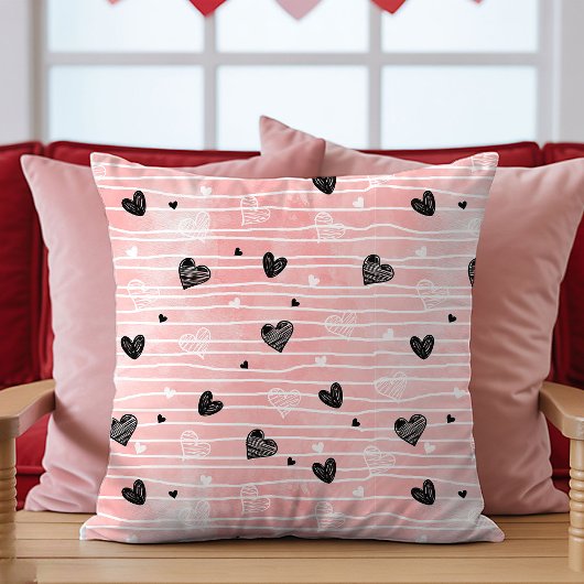 Pink Black Hearts Sketch Pillow Best Valentine’s  クッション