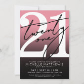 Pink Black Modern 21st Birthday 招待状 (正面)