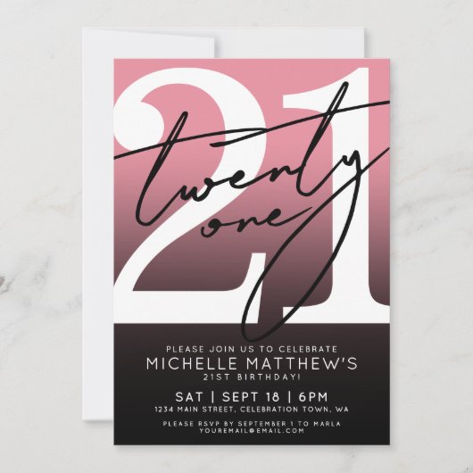 Pink Black Modern 21st Birthday 招待状 (正面)