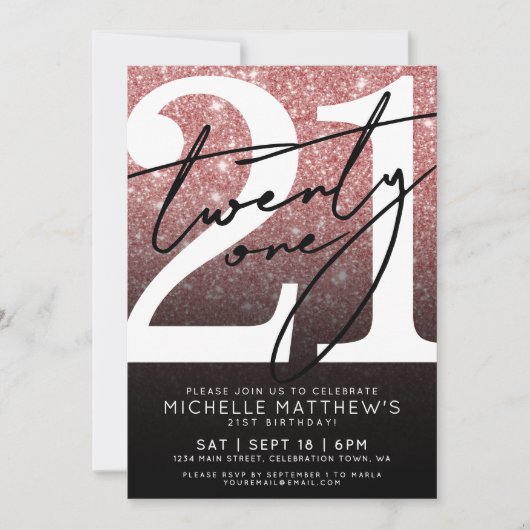 Pink Black Modern Glitter 21st Birthday 招待状 (正面)