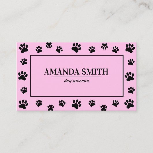 Pink & Black Paw Prints Dog Groomer Business Card 名刺 (正面)