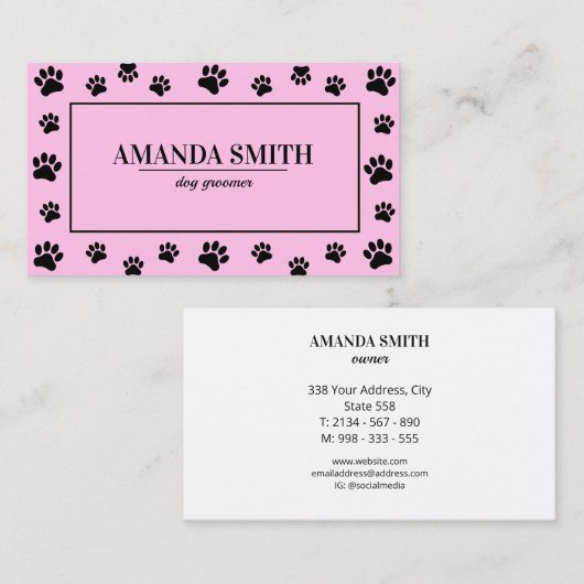 Pink & Black Paw Prints Dog Groomer Business Card 名刺 (正面/裏面)