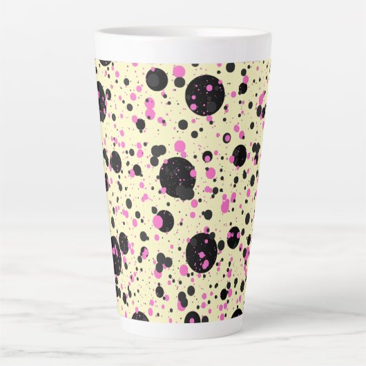 Pink & Black Polka Dot Glam Pattern カフェラテマグ (正面)
