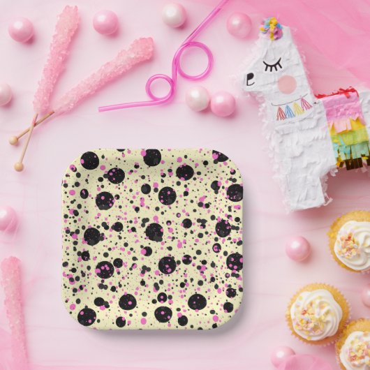 Pink & Black Polka Dot Glam Pattern ペーパープレート (パーティー)