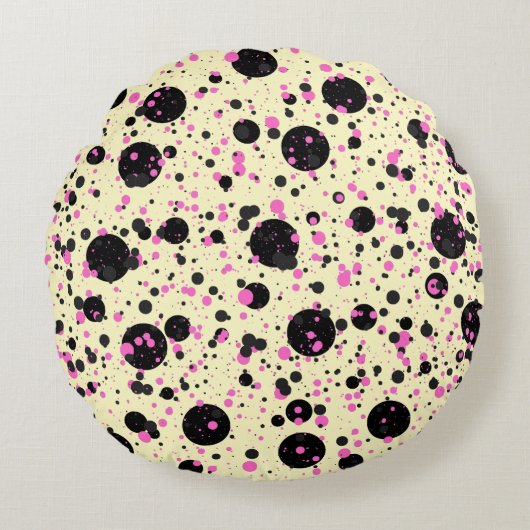 Pink & Black Polka Dot Glam Pattern ラウンドクッション (正面)