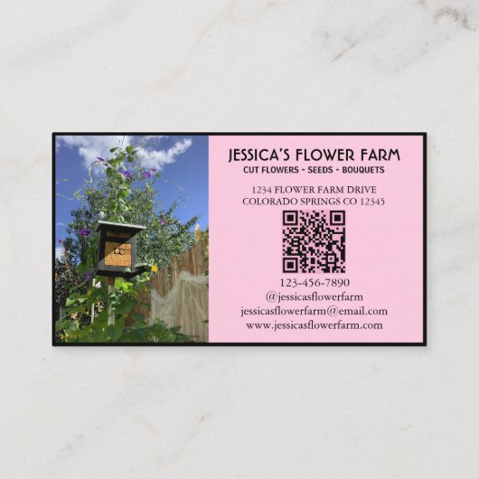 Pink & Black QR Code Professional 2 Photo Floral 名刺 (裏面)