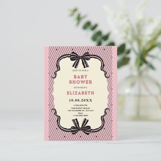 Pink black retro bow baby shower 招待状 (スタンド正面)