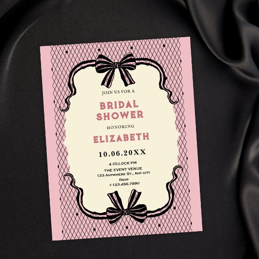 Pink black retro bow bridal shower 招待状