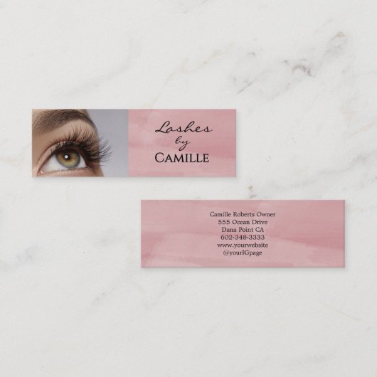 Pink Black Script Photo Lashes Mini Business Card スキニー名刺 (正面/裏面)