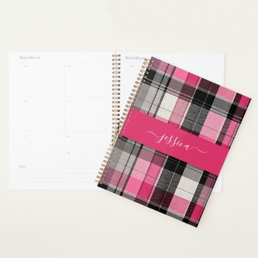 Pink black tartan plaid script name binder プランナー手帳 (ディスプレー)