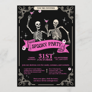 Pink & Black Vintage Retro Skeleton Wedding 招待状