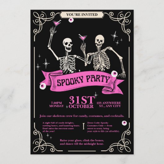 Pink & Black Vintage Retro Skeleton Wedding 招待状 (正面)
