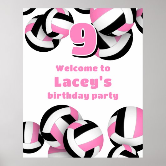 pink black volleyballs birthday party welcome ポスター (正面)