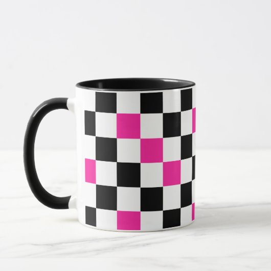 Pink Black White Checkered Pattern Design  マグカップ (左)