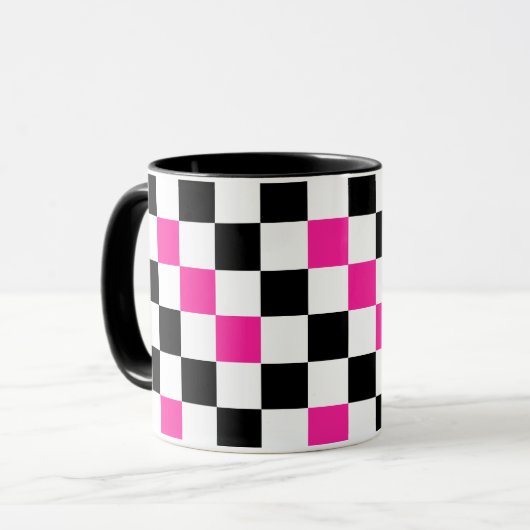 Pink Black White Checkered Pattern Design  マグカップ (正面左)