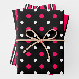 Pink, Black & White Fun Stripes & Polka Dots ラッピングペーパーシート