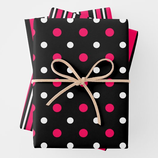 Pink, Black & White Fun Stripes & Polka Dots ラッピングペーパーシート