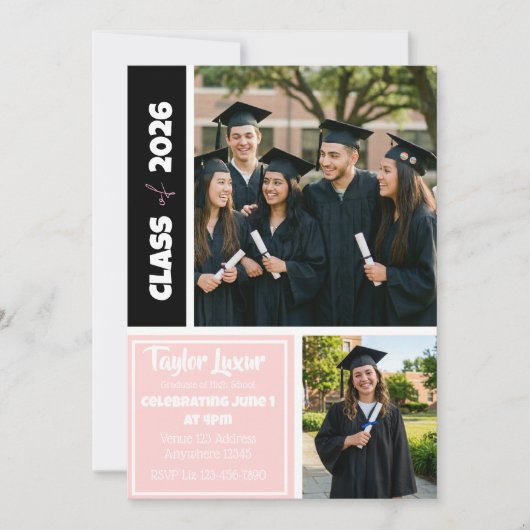 Pink Black White Picture Border Graduation 招待状 (正面)