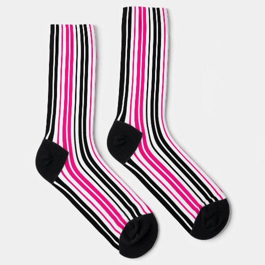 Pink Black White Stripes Pattern Design  ソックス (右)