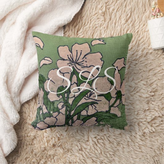 Pink Blossom Green Throw Pillow クッション (ブランケット)