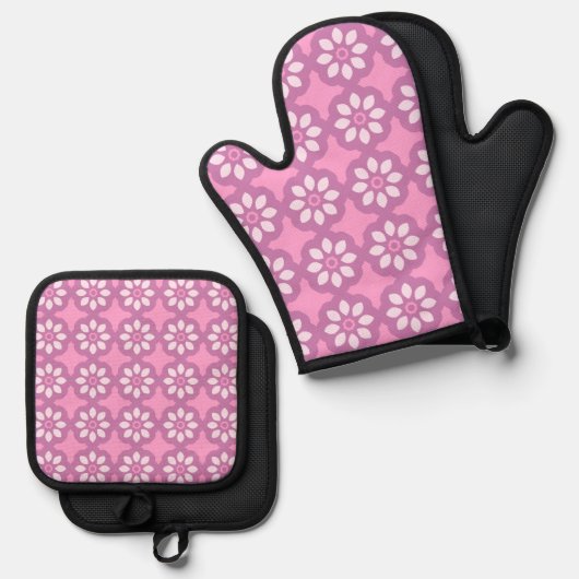 Pink Blossom Retro Tile Pattern 鍋つかみ&鍋敷きセット (正面/裏面)