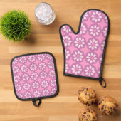 Pink Blossom Retro Tile Pattern 鍋つかみ&鍋敷きセット (トップダウン)