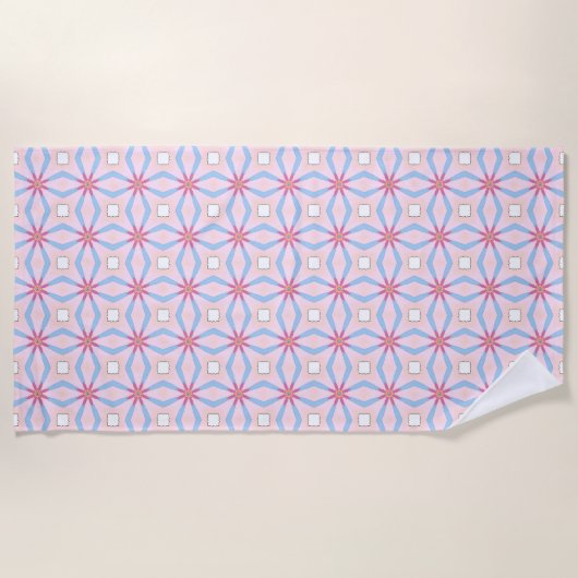 Pink, blue and white geometric patterned  ビーチタオル (正面)