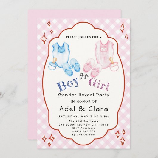 Pink & Blue Baby Shoes Theme 招待状 (正面/裏面)