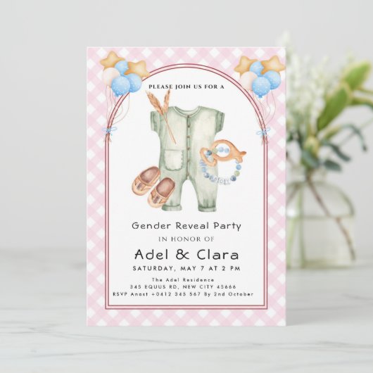 Pink & Blue Baby Shoes Theme 招待状 (スタンド正面)