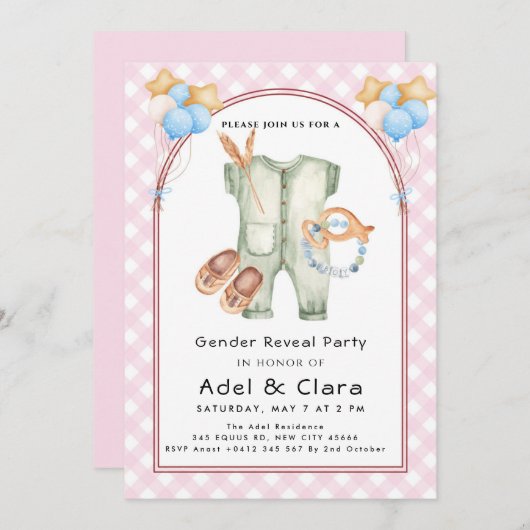 Pink & Blue Baby Shoes Theme 招待状 (正面/裏面)