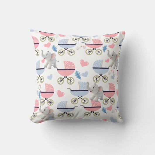 Pink & Blue Baby Strollers Elephant Throw Pillow  クッション (正面)