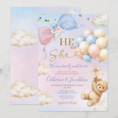 Pink & Blue Balloon He Or She Bear Gender Reveal 招待状 (正面/裏面)
