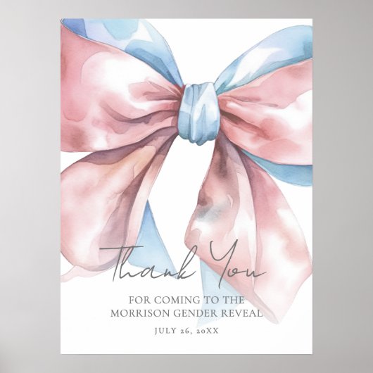 Pink Blue Bow Gender Reveal Thank You Sign ポスター (正面)